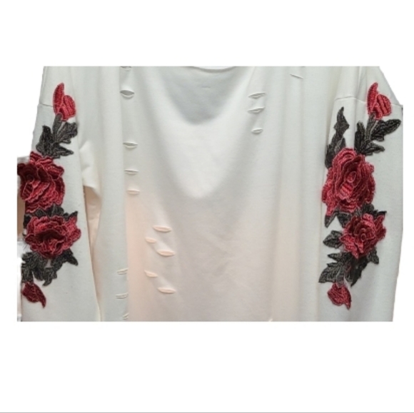 Off The Shoulder Shirt Embroidered Rose Appliqué Long Sleeve Loose Fit Soft - Picture 2 of 4